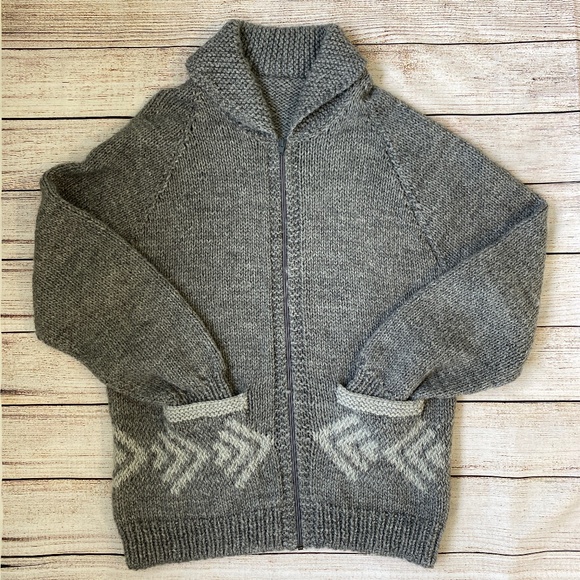 Hand Knit Cowichan Style Zip-Up Hand Knit Sweater | Gray Wool | Women’s L - Picture 1 of 6